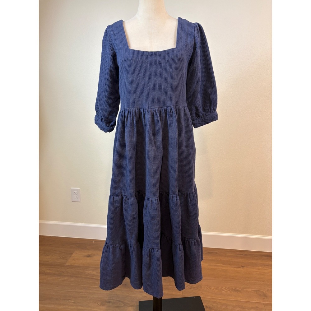 SeamsFriendly Midi Dress Womens 40 Navy Blue Waffle Cotton Tiered Modest Cottage
